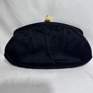 Saks Fifth Ave VTG Satin Silky Black Gold Kiss lock Evening Bag Clutch Purse